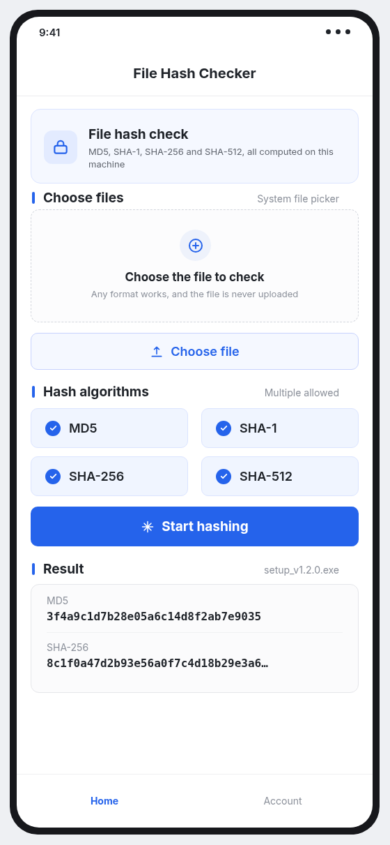MD5 Tool mobile app interface on Android